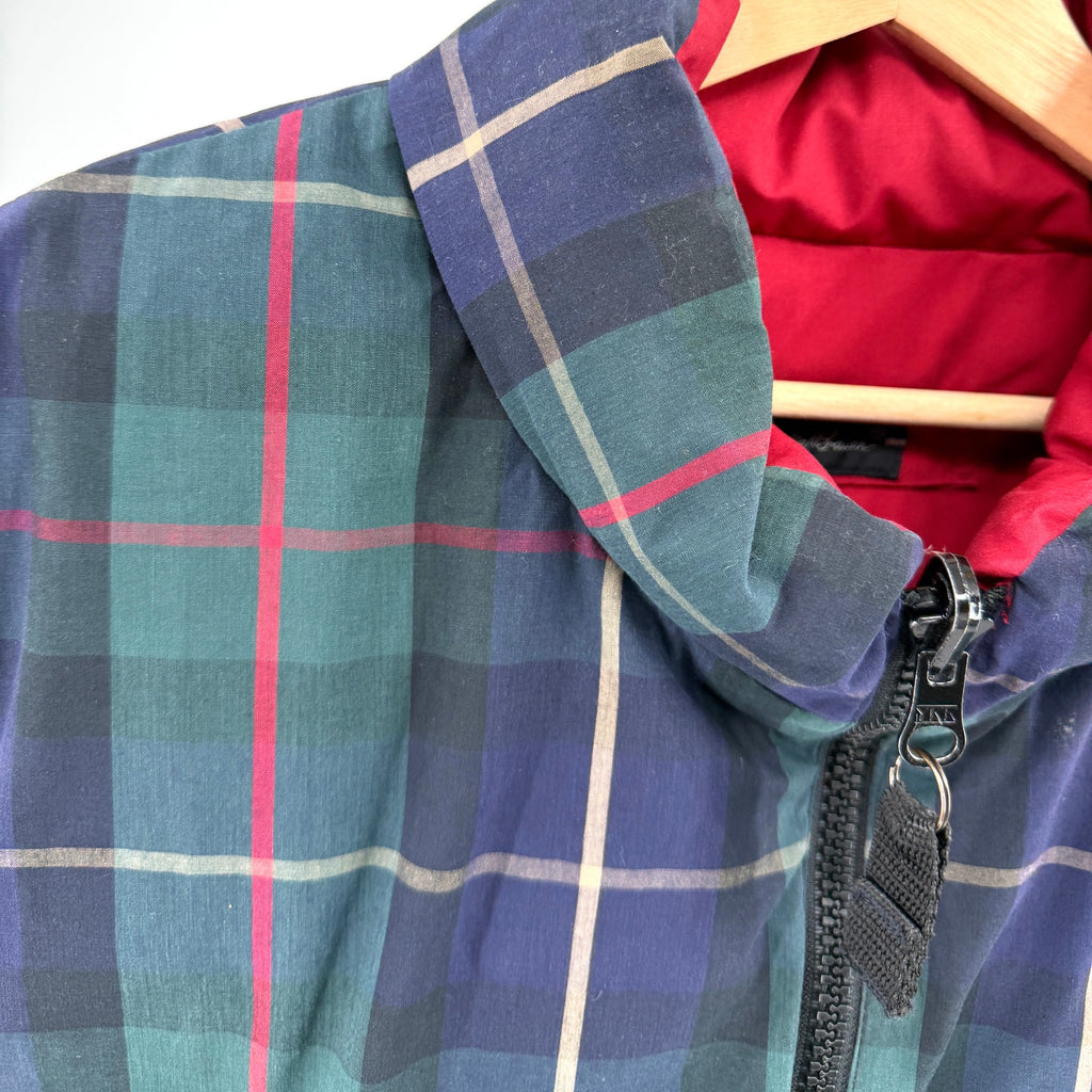 Vintage 90s Eddie Bauer Green Plaid Red Reversible Goose Down Puffer Vest