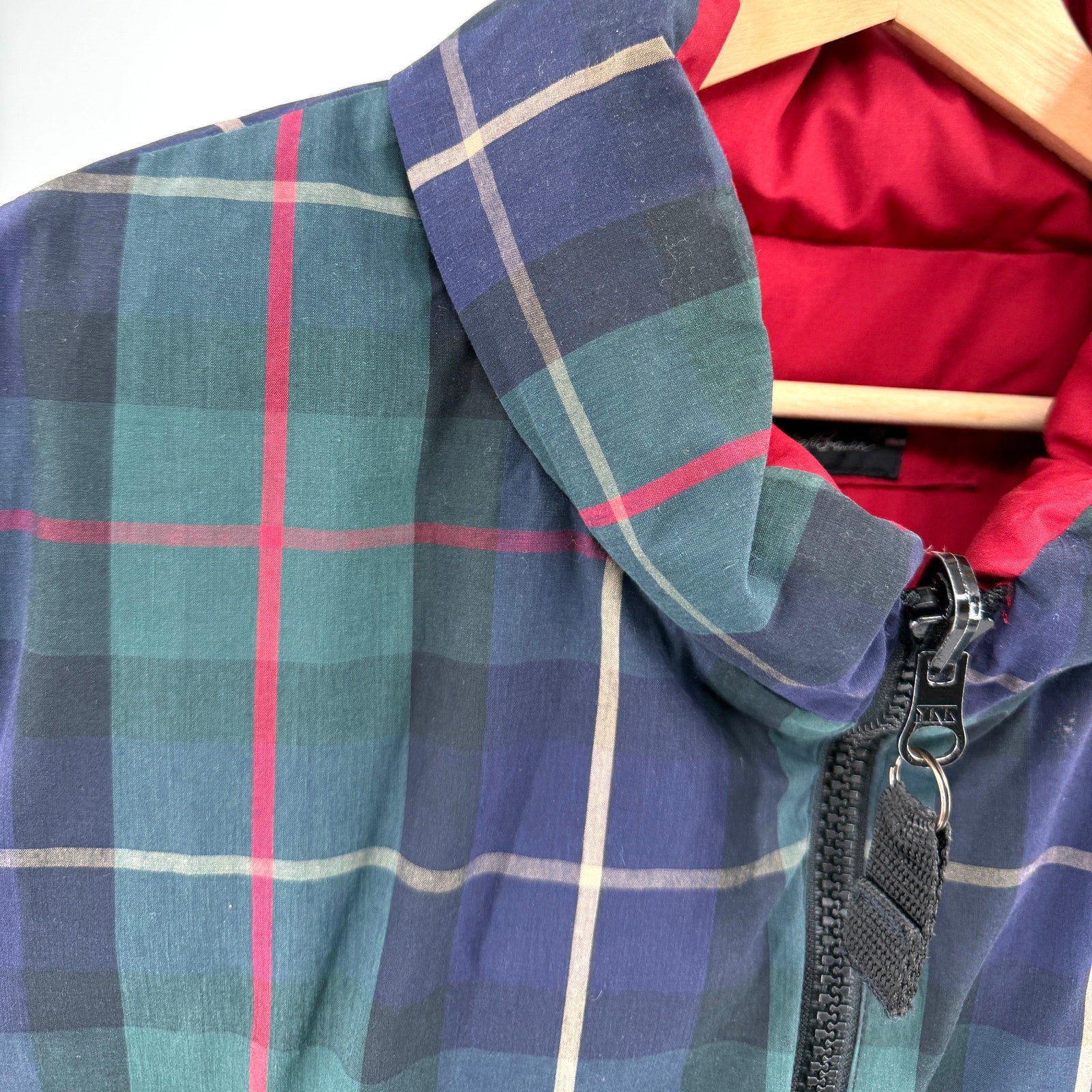 Vintage 90s Eddie Bauer Green Plaid Red Reversible Goose Down Puffer Vest