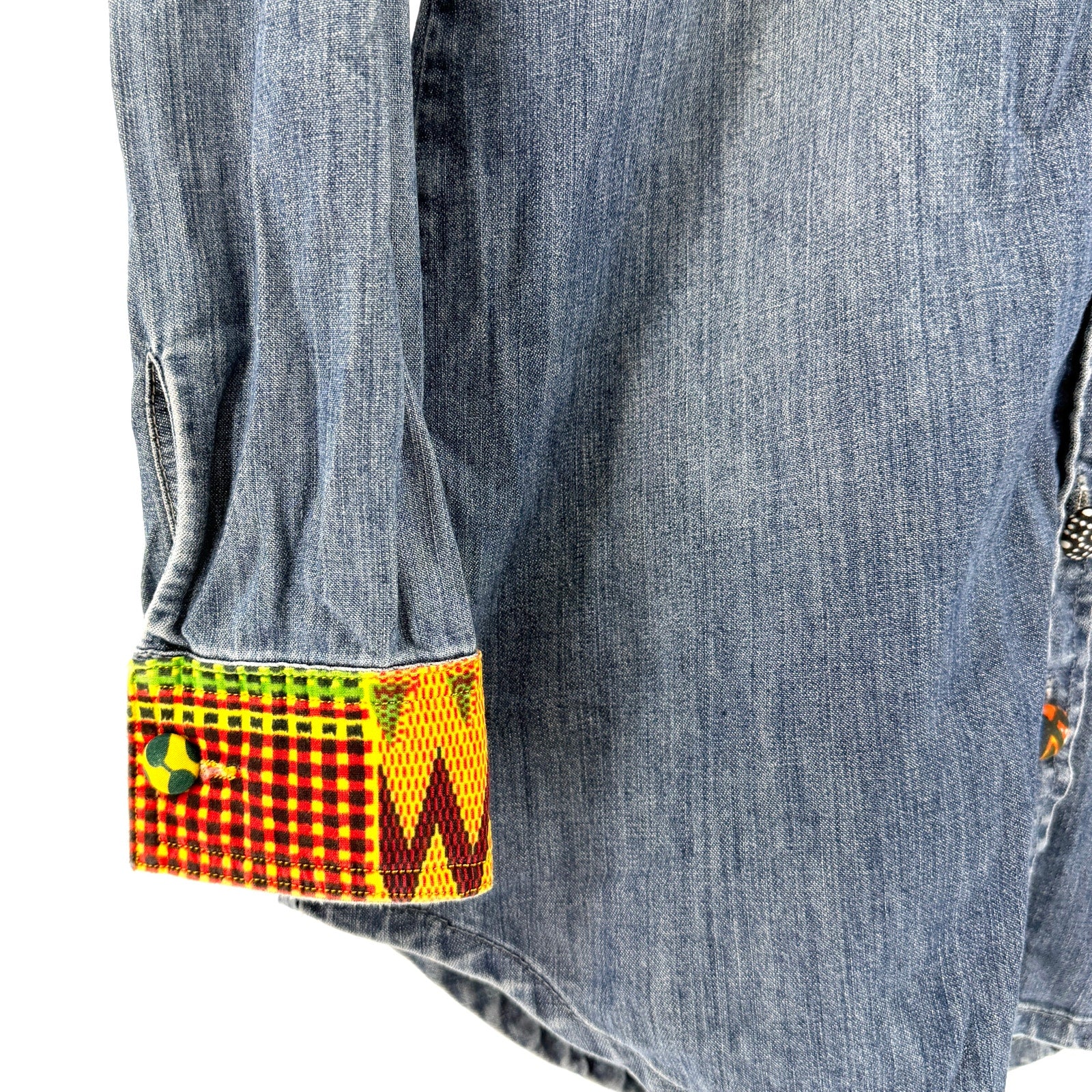Vintage 90s Custom Denim Patchwork African Wax Print Long Sleeve Shirt