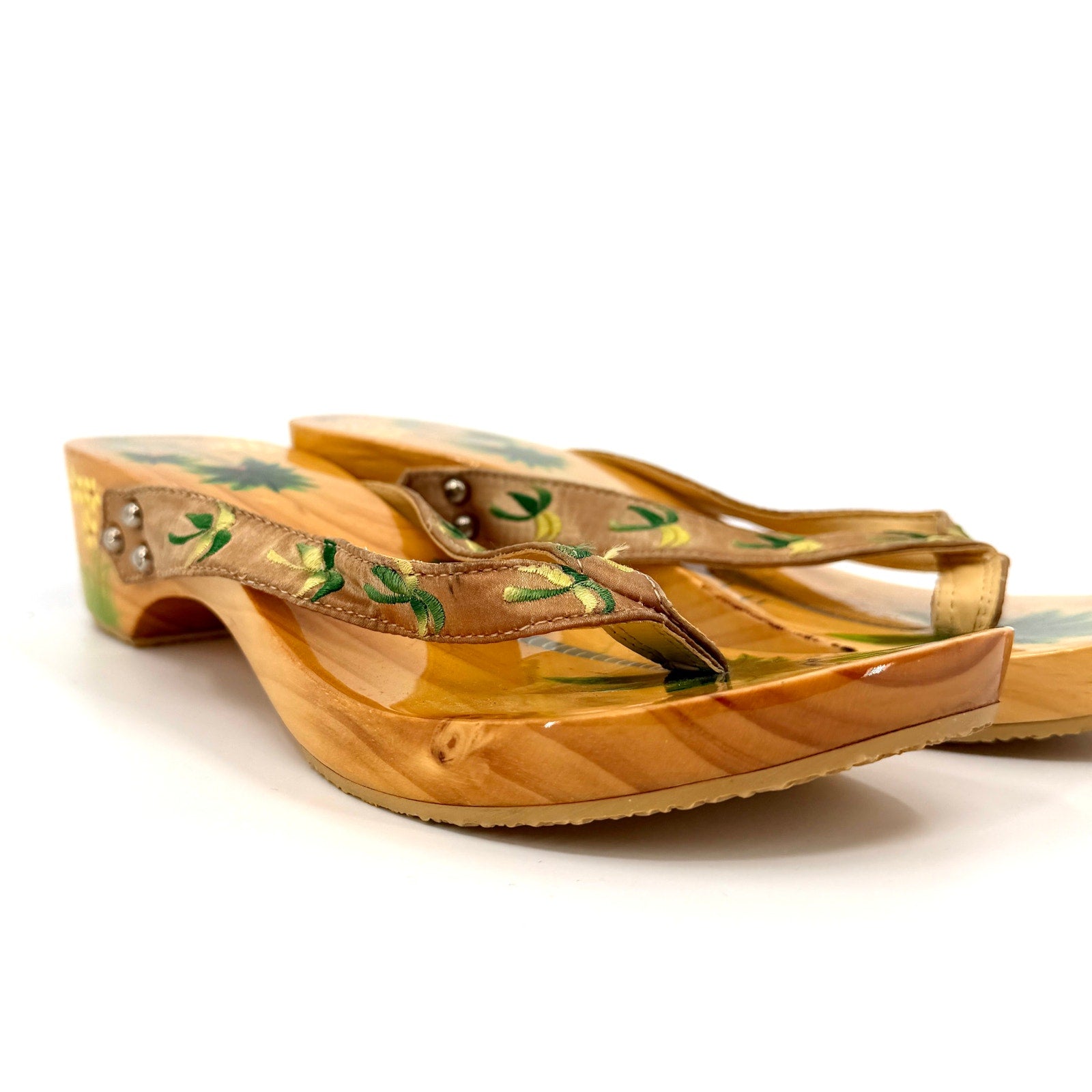 Vintage 90s Woodies Tan Wood Tropical Embroidered Satin Studded Clog Sandals