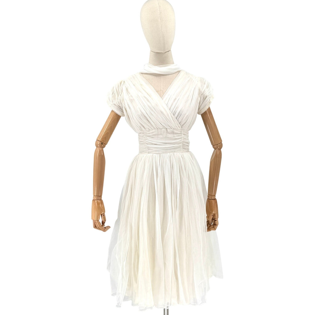 Vintage 50s White Ruched Pleated Alternative Wedding Cocktail Dress