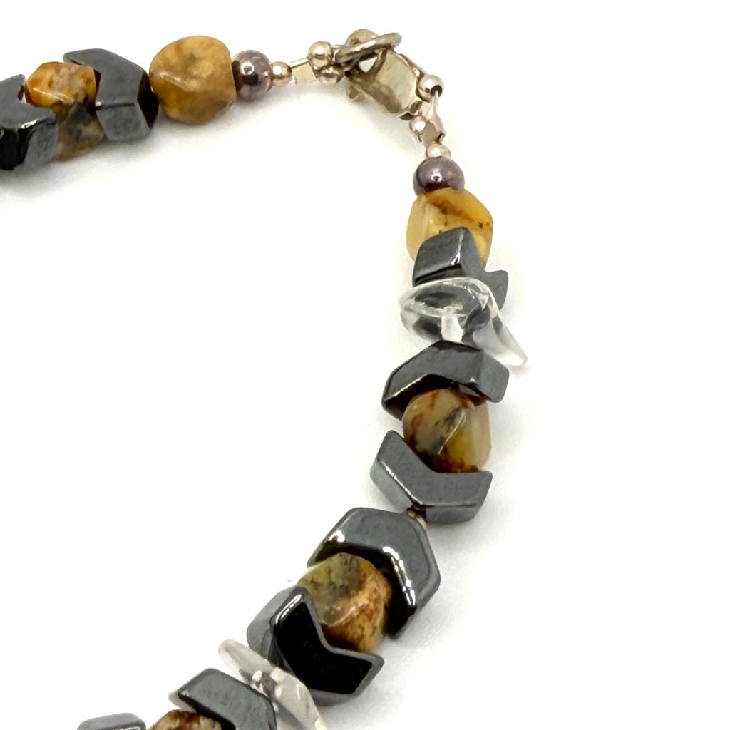 Vintage 90s Hematite Chevron Quartz Stone Necklace Bracelet Earring Set
