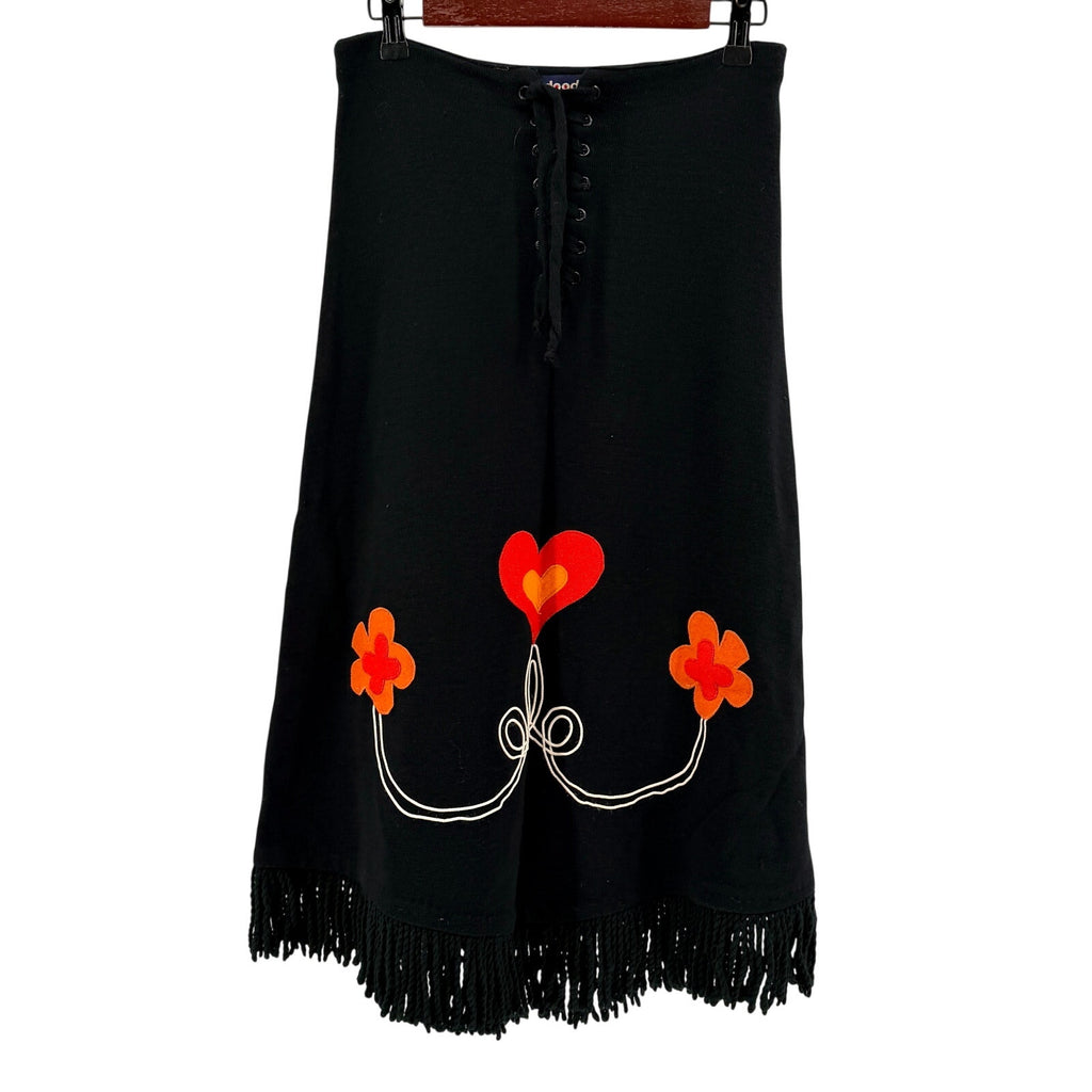 Vintage 70s Doodles by Jeannemarie Volk Black Heart Fringe Knit Midi Skirt