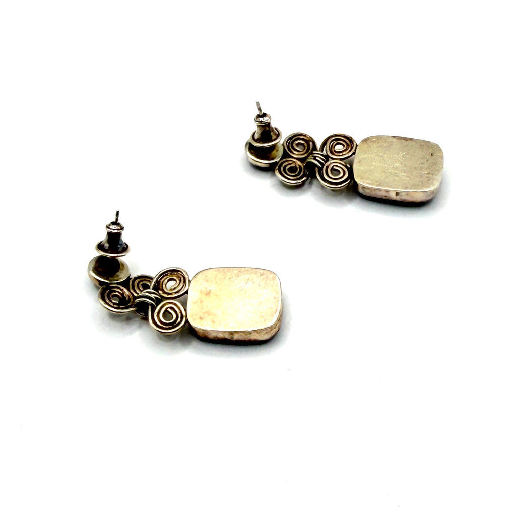 Vintage 90s Sterling Silver Amethyst Druzy Scroll Drop Earrings
