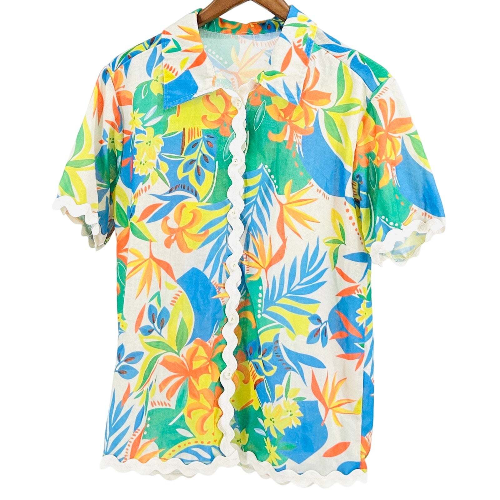 Vintage 70s Handmade Multicolor 100% Cotton Tropical Ric Rac Button Down Shirt