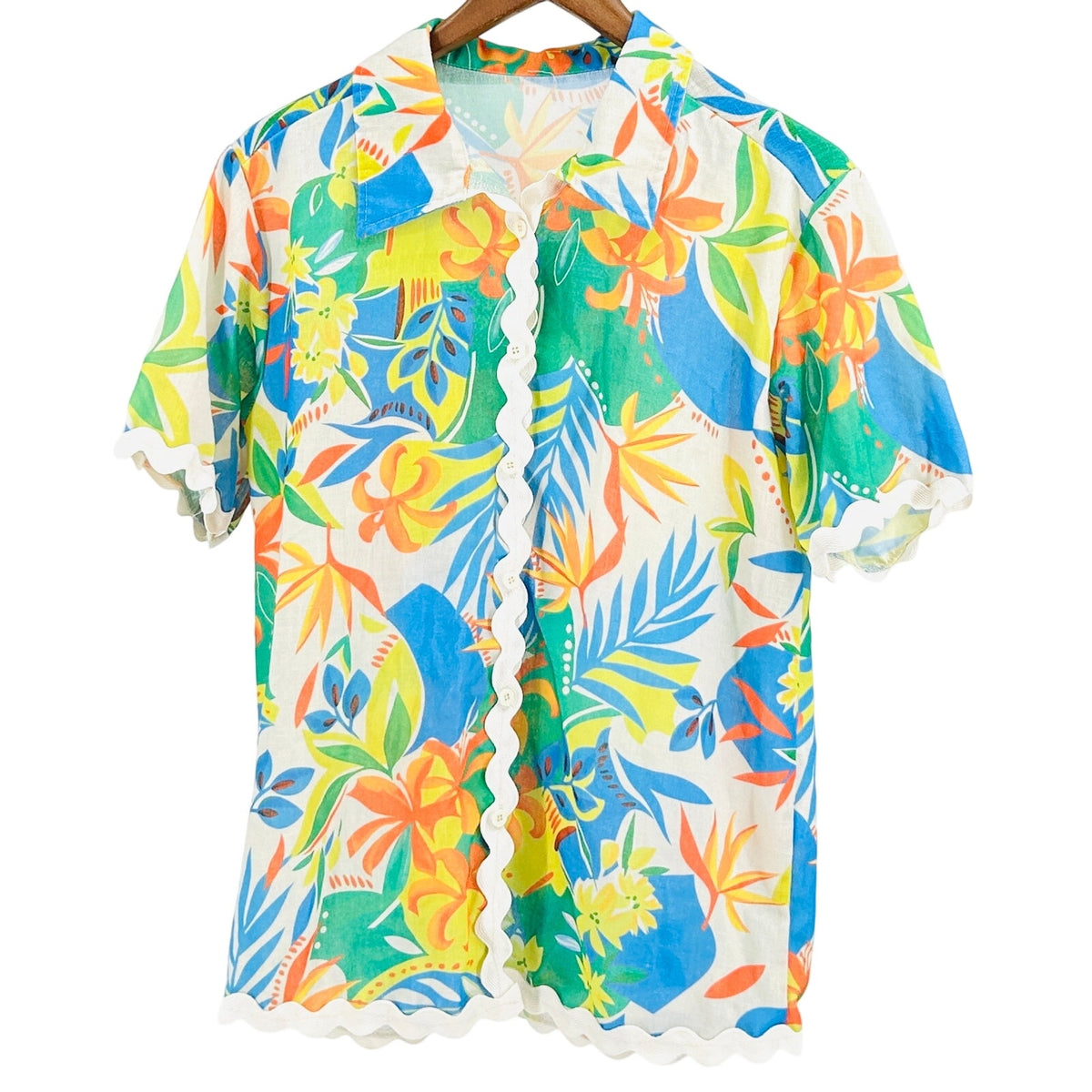 Vintage 70s Handmade Multicolor 100% Cotton Tropical Ric Rac Button Down Shirt