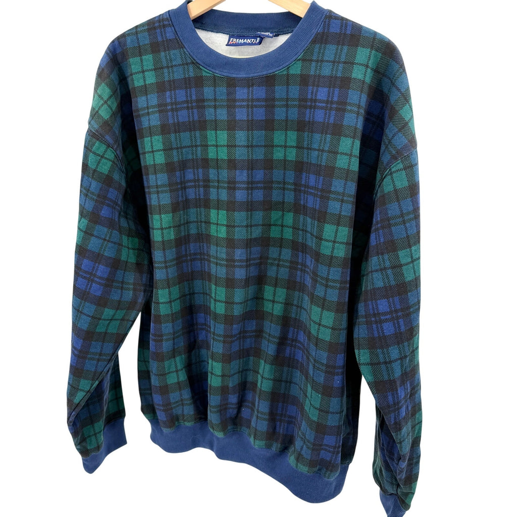 Vintage 90s Fremantle Blue Green Tartan Plaid Crewneck Sweatshirt