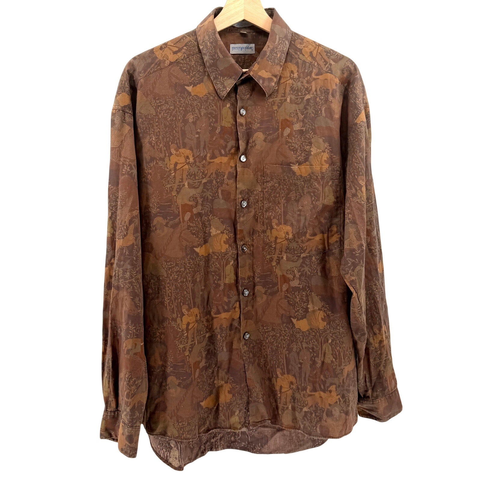 Vintage 90s Metropolitan View Brown 100% Cotton Medieval Pastoral Print Shirt
