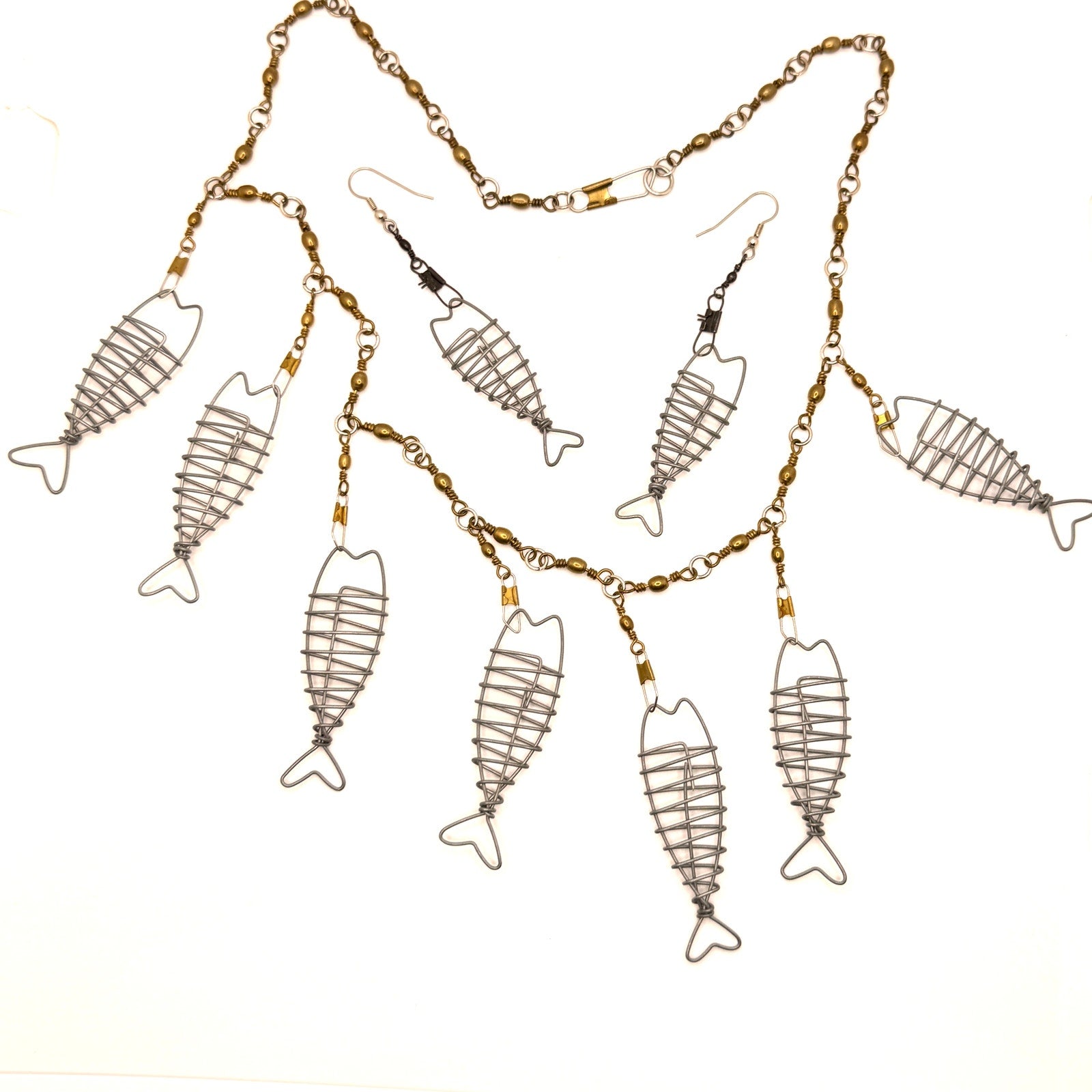 Vintage 90s Silver Brass Wire Fishing Swivel Fish Skeleton Charm Jewelry Set