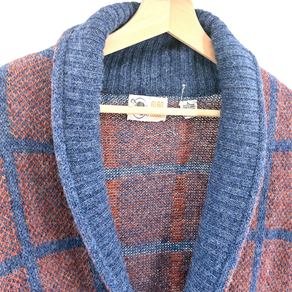 Vintage 80s Alan Flusser Blue Orange 100% Wool Plaid Double Breasted Cardigan