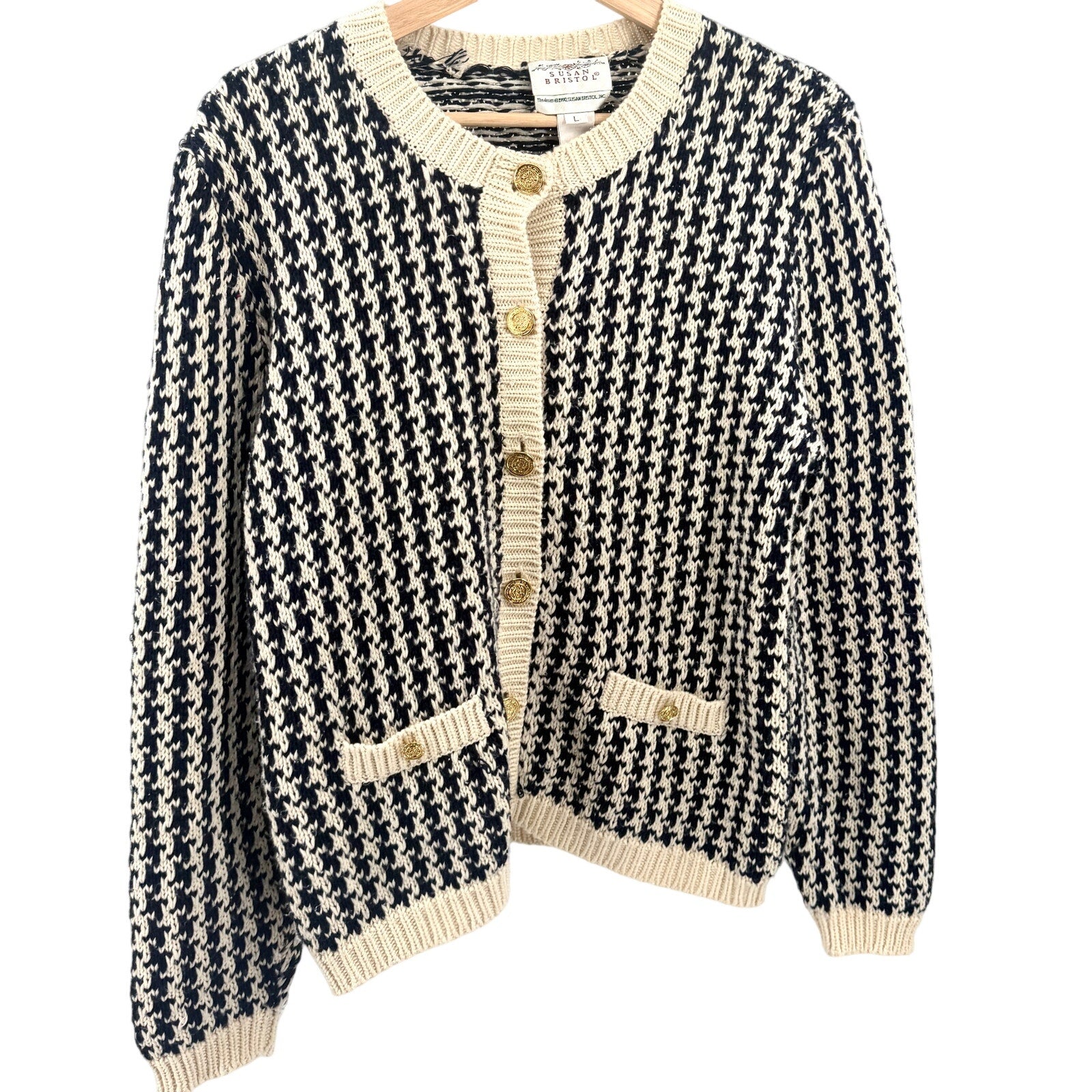 Vintage 90s Susan Bristol Navy Cream Houndstooth Gold Button Cardigan