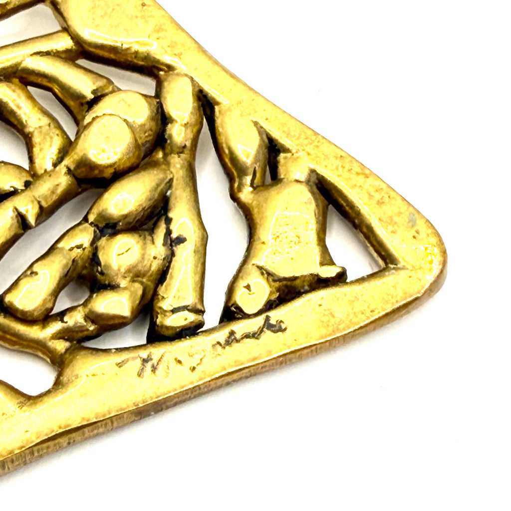 Vintage 80s Artist Signed Brass Sculptural Brutalist Abstract Triangle Pendant