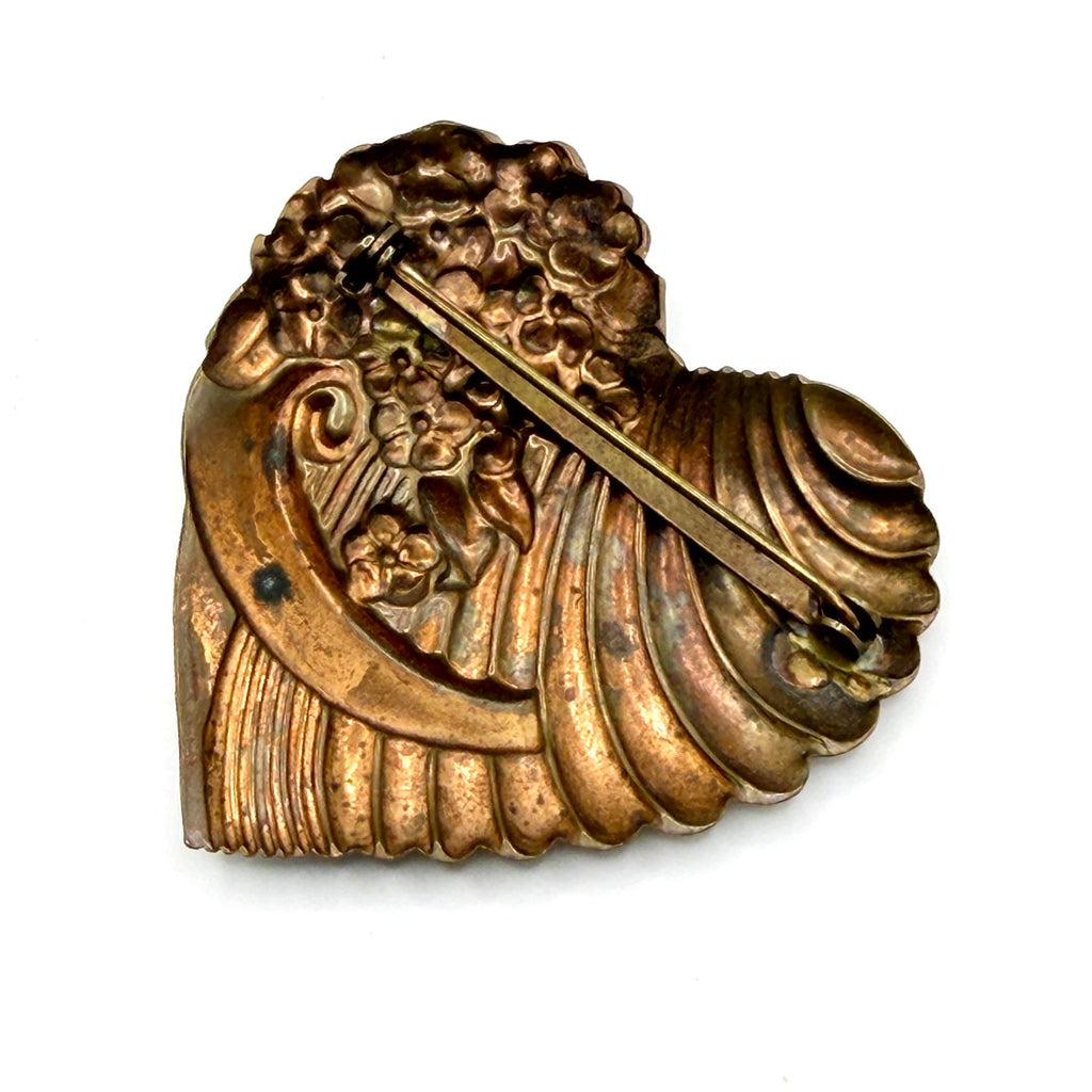 Vintage 80s Bronze Tone Fluted Heart Floral Swirl Brooch Pin