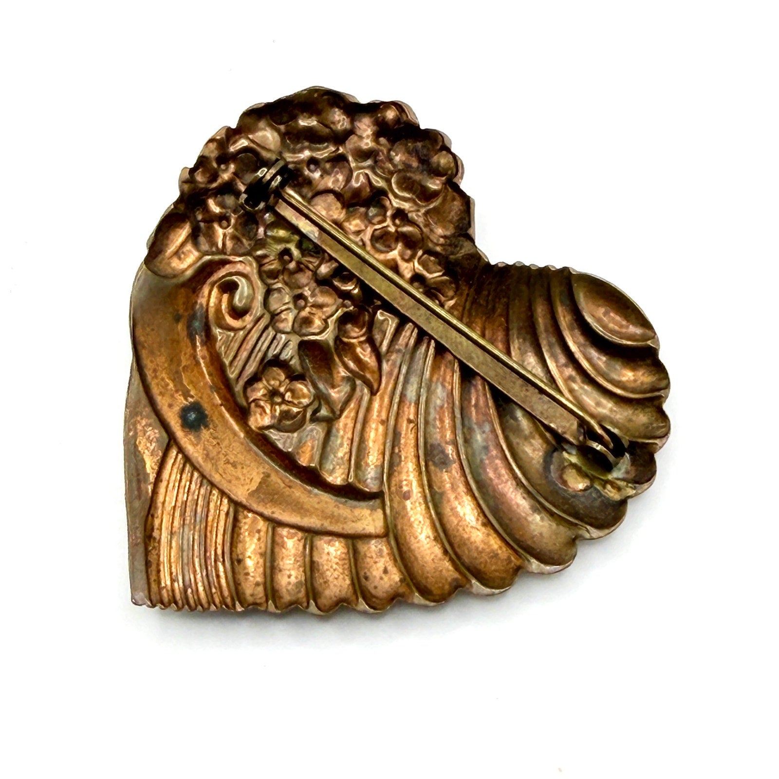 Vintage 80s Bronze Tone Fluted Heart Floral Swirl Brooch Pin