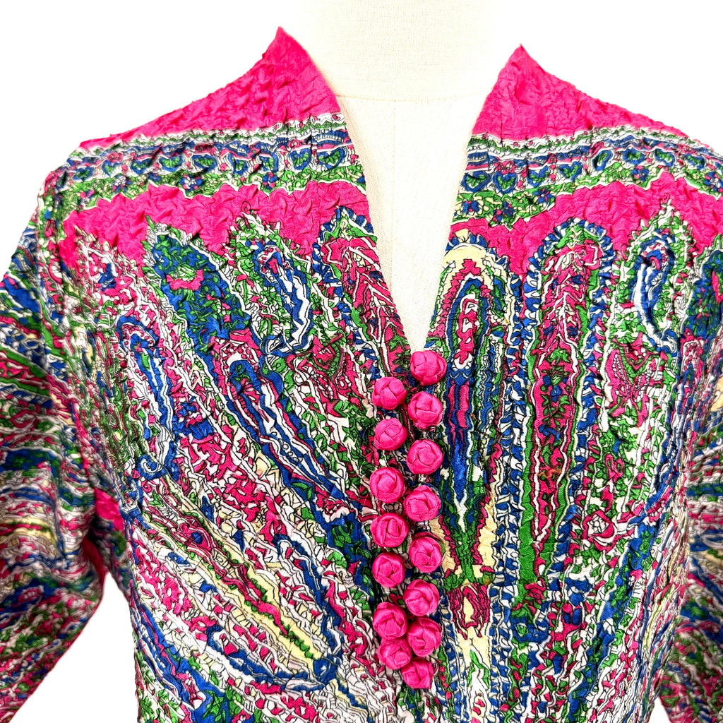 Hot Pink Paisley Crinkle Satin Boho Mini Dress