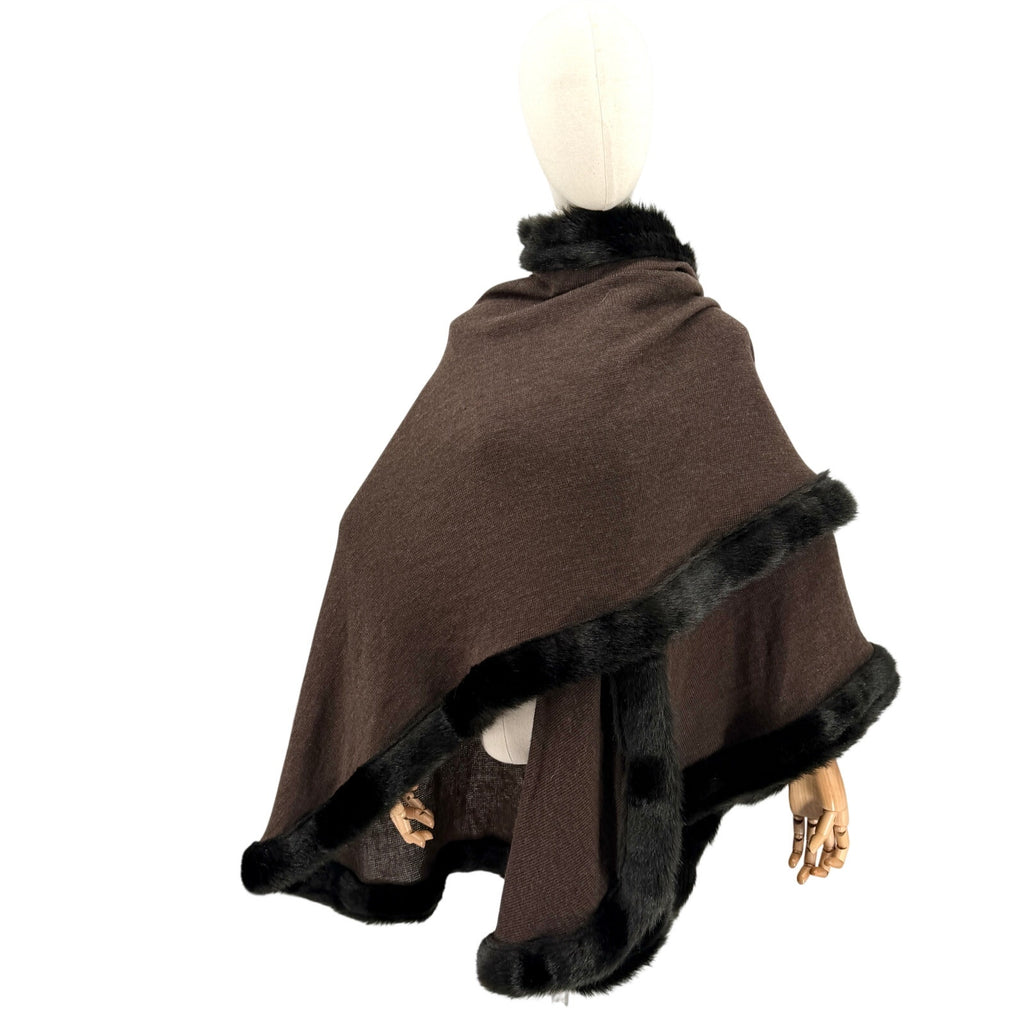 Vintage Y2K Brown Faux Fur Trim Elegant Layering Cape Ruana Wrap