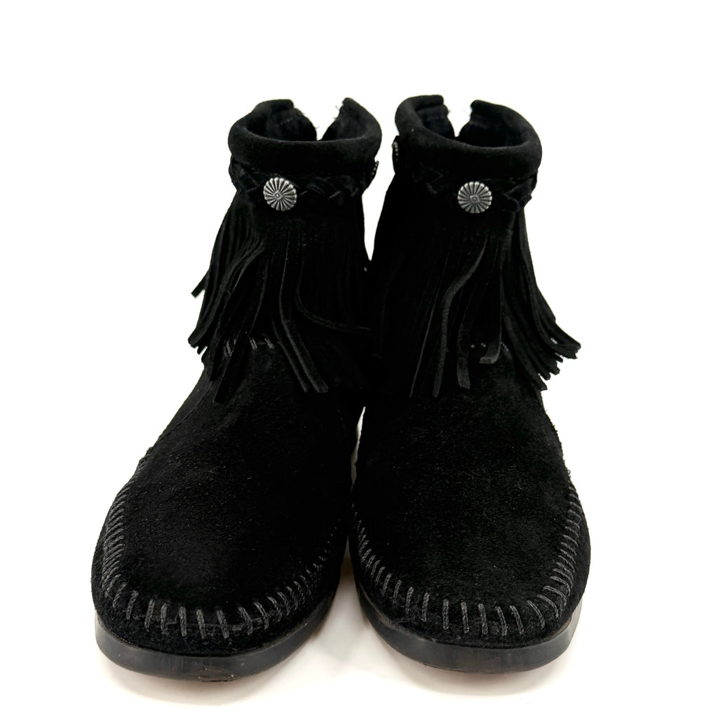 Minnetonka Black Genuine Leather Fringe Back Zip Moccasin Booties