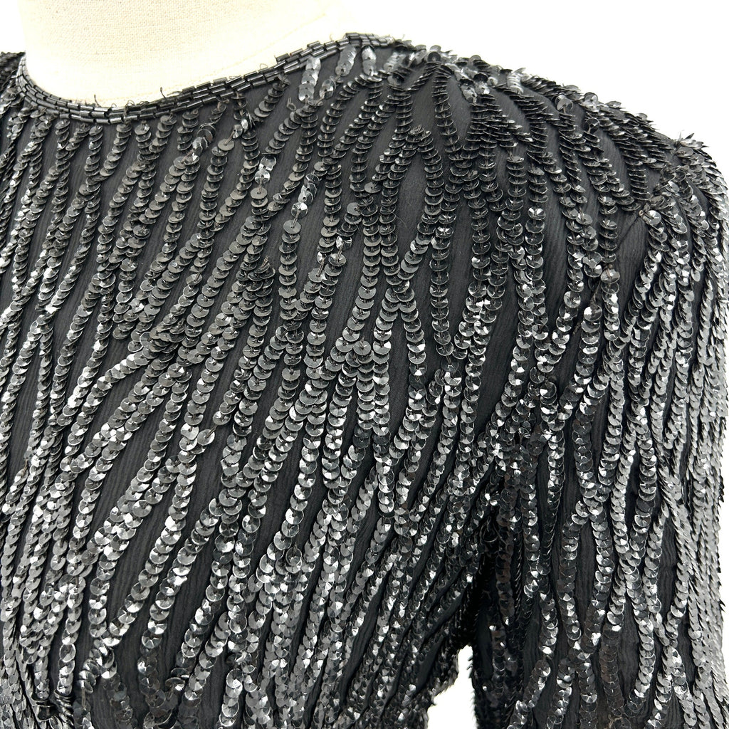 Vintage 80s Stenay Black Beaded Sequin Shoulder Pad Cocktail Dress