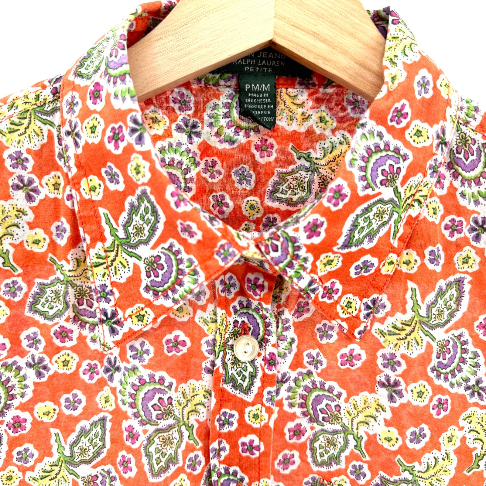 Lauren Ralph Lauren Orange Purple Floral 100% Cotton Button Down Shirt