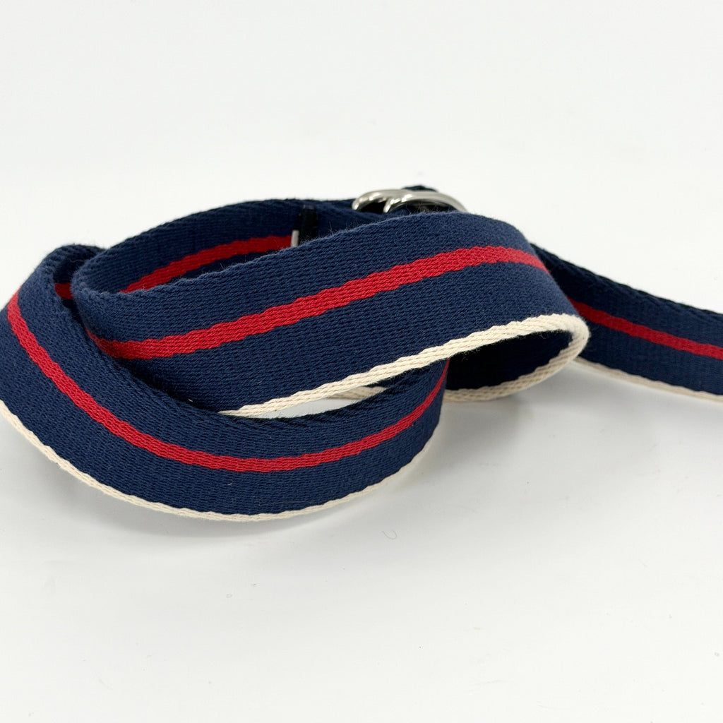 Navy Blue Red Striped Woven Nautical Preppy D-Ring Belt