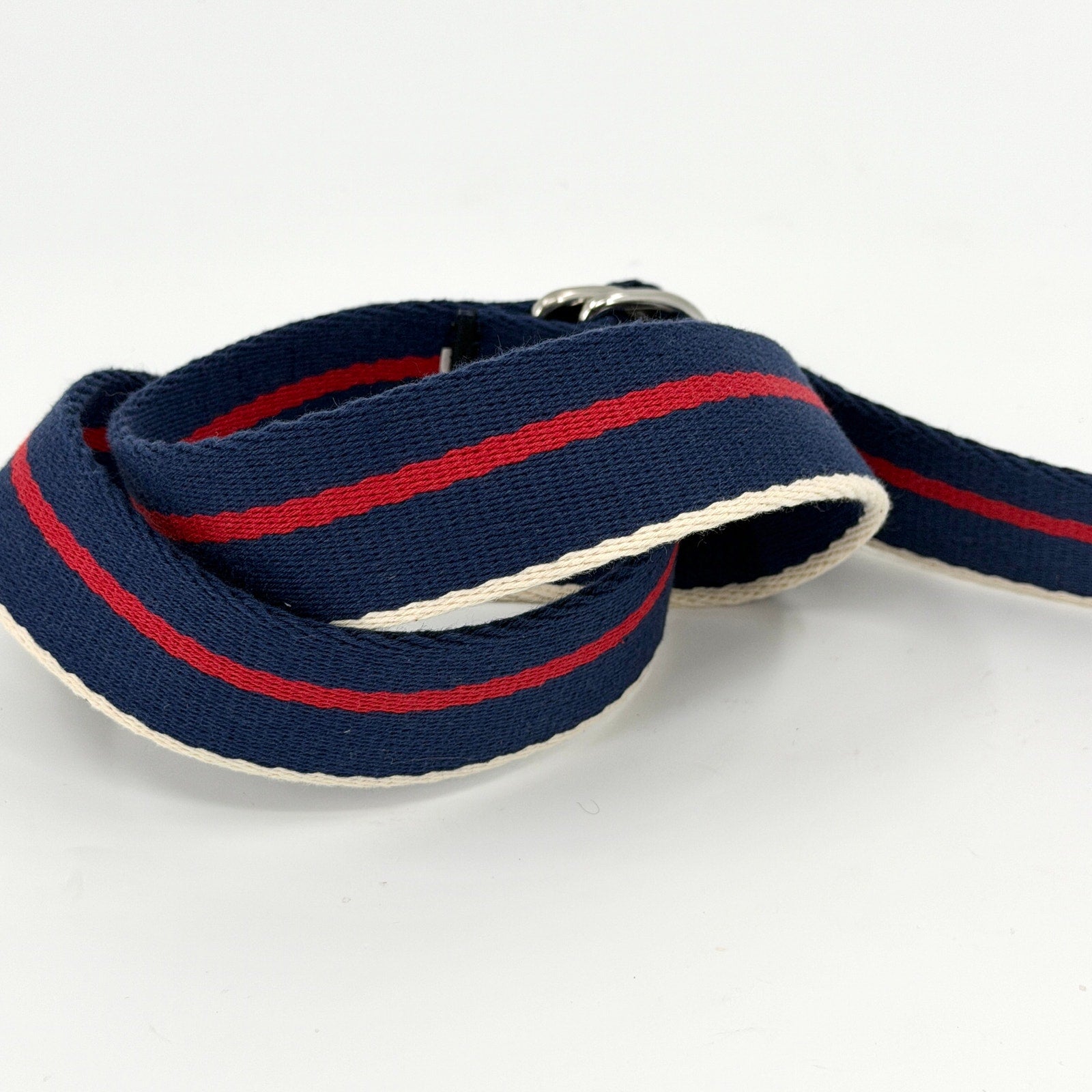 Navy Blue Red Striped Woven Nautical Preppy D-Ring Belt