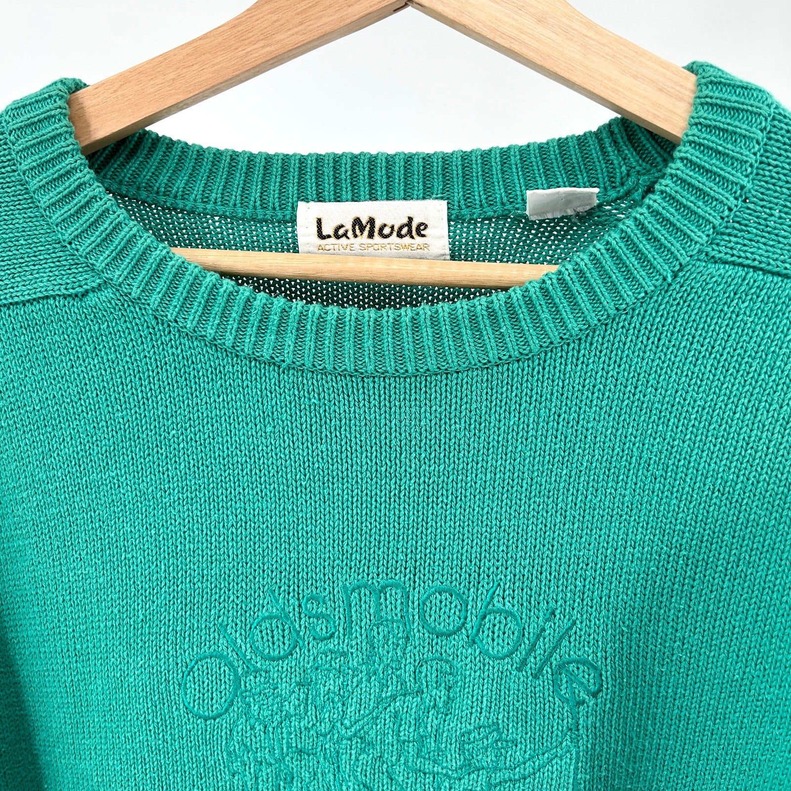 Vintage 80s LaMode Jade Green 100% Cotton Embroidered Golf Tournament Sweater