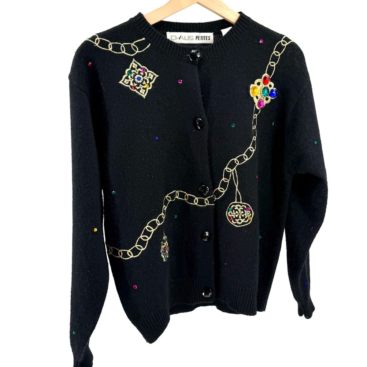 Vintage 90s Chaus Petites Black Jeweled Chain Embroidered Cardigan