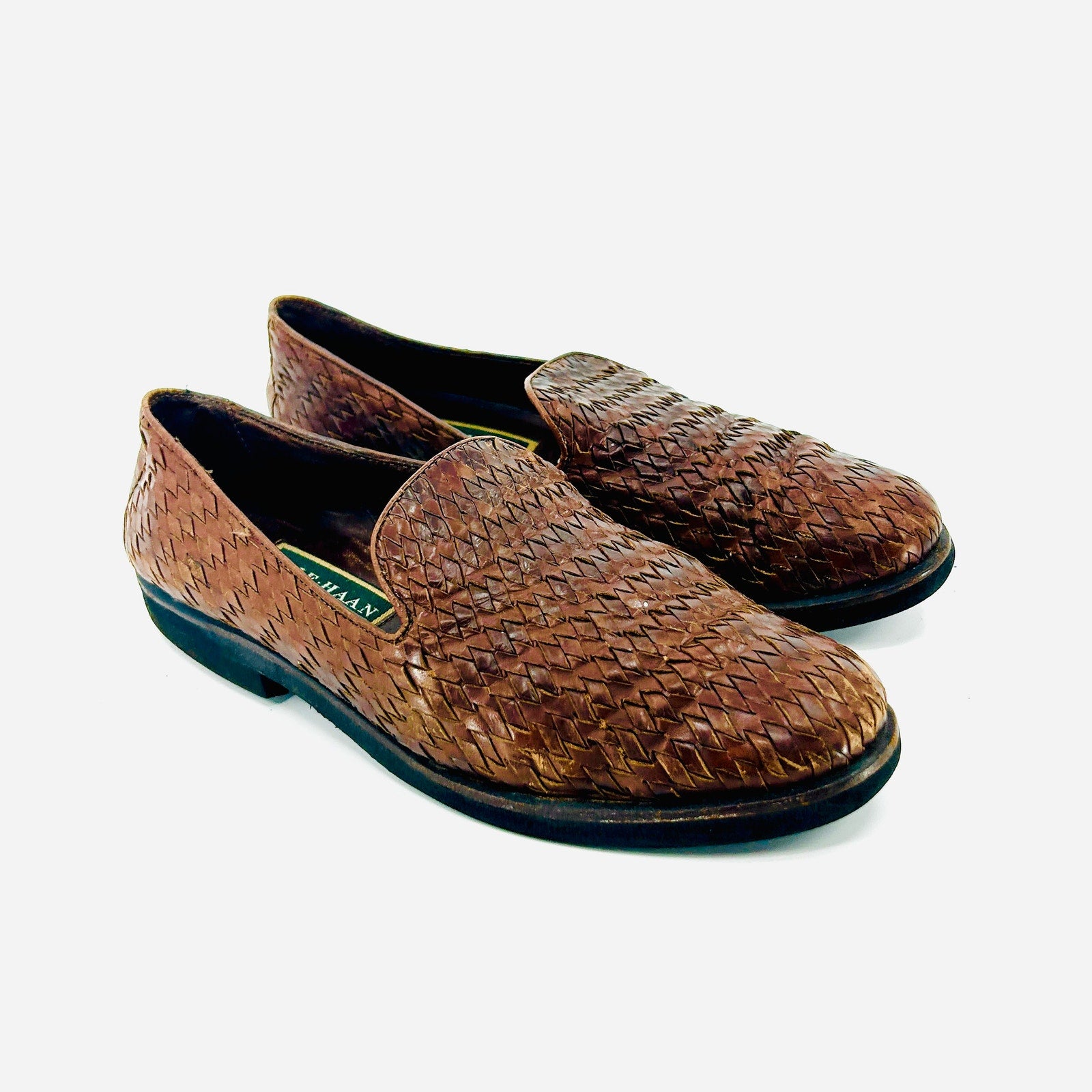 Vintage 80s Cole Haan Brown Woven Leather Loafers Made in Brazil