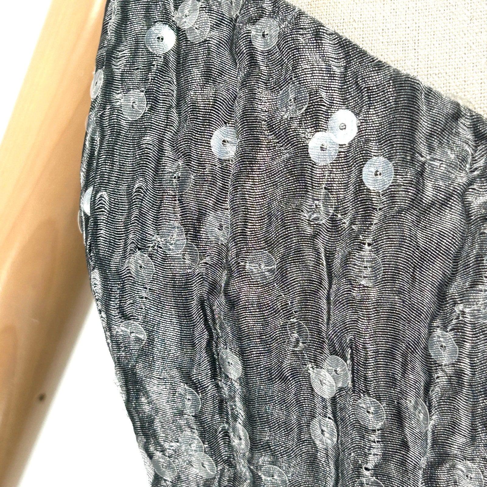 Vintage 90s Jacques Azagury Silver Metallic Sequin Silk Strapless Boned Dress