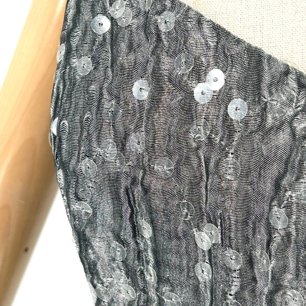 Vintage 90s Jacques Azagury Silver Metallic Sequin Silk Strapless Boned Dress