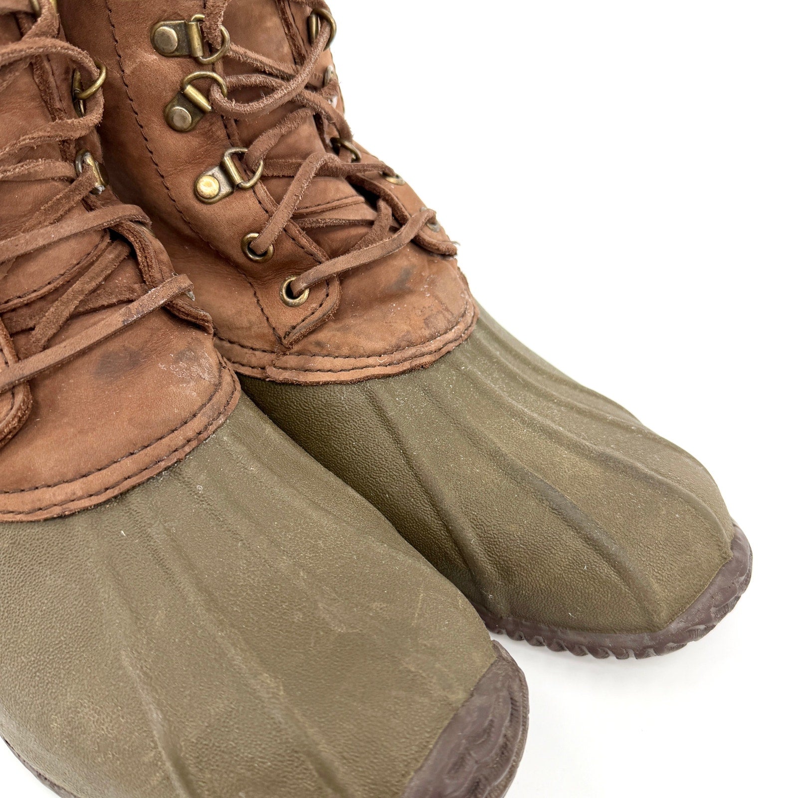 Vintage 90s J.Crew Brown Olive Leather Duck Base Lace Up Snow Boots