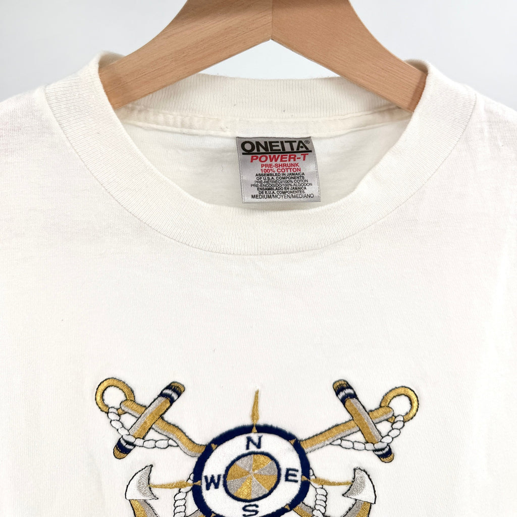 Vintage 90s Key West White 100% Cotton Gold Embroidered Nautical Tee