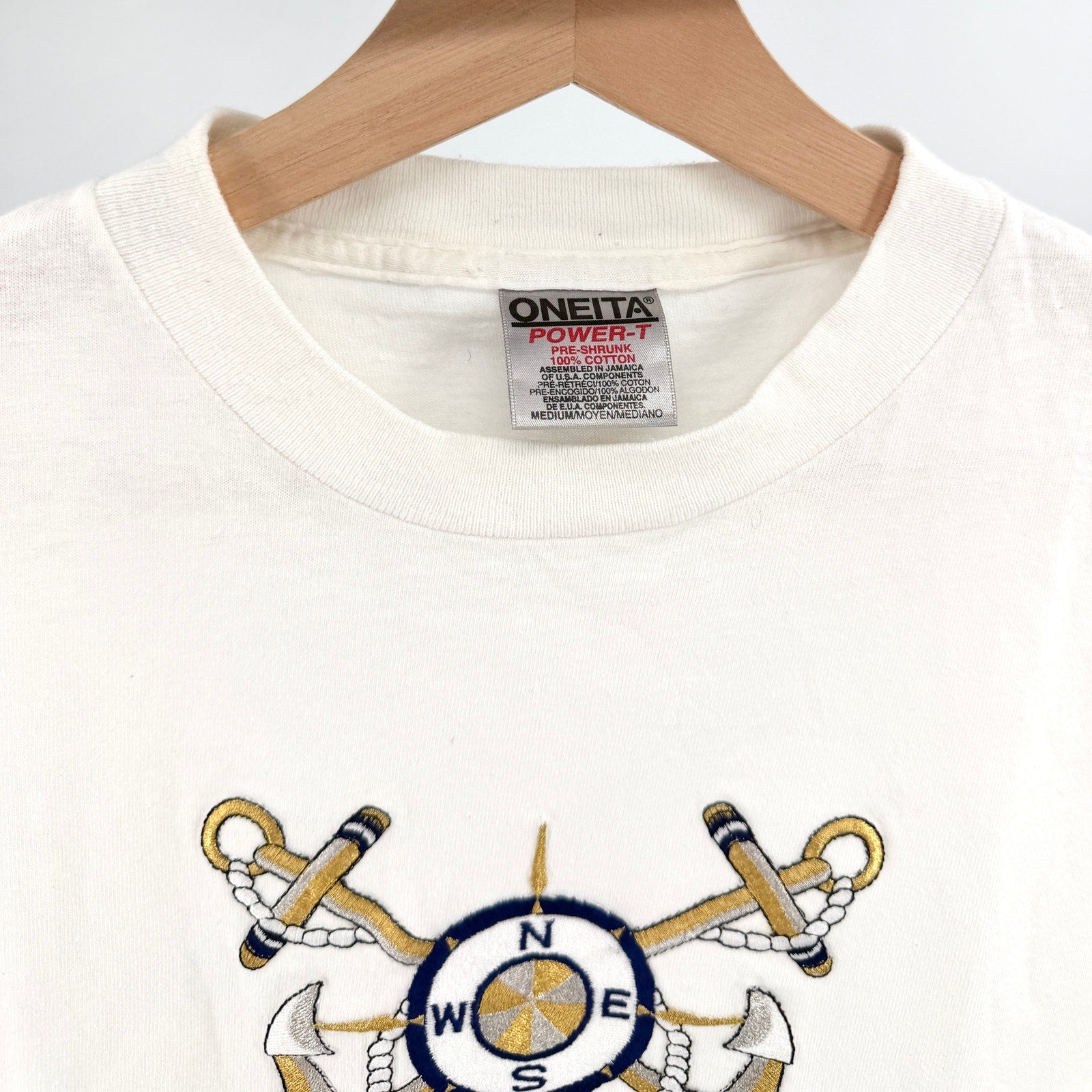 Vintage 90s Key West White 100% Cotton Gold Embroidered Nautical Tee