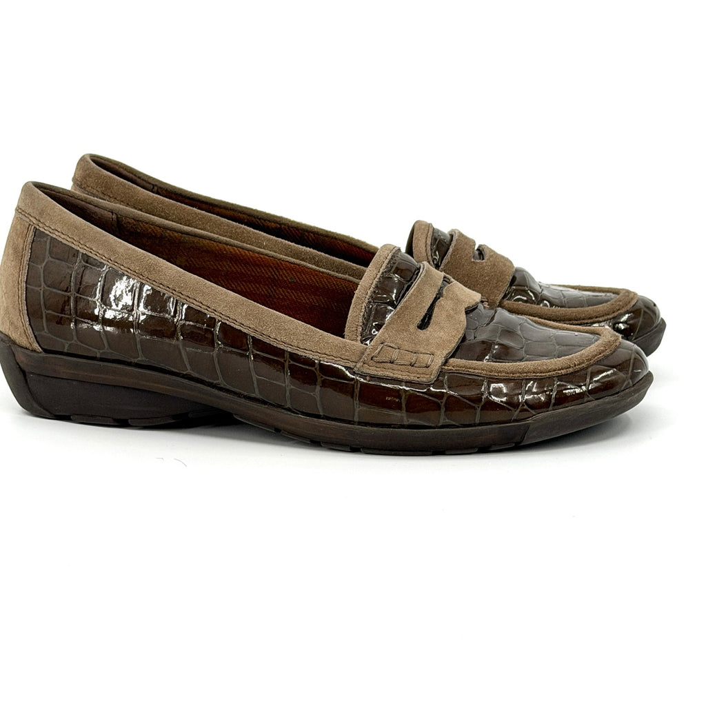 Vintage Y2K Aquatalia Brown Patent Leather Croc Suede Penny Loafers