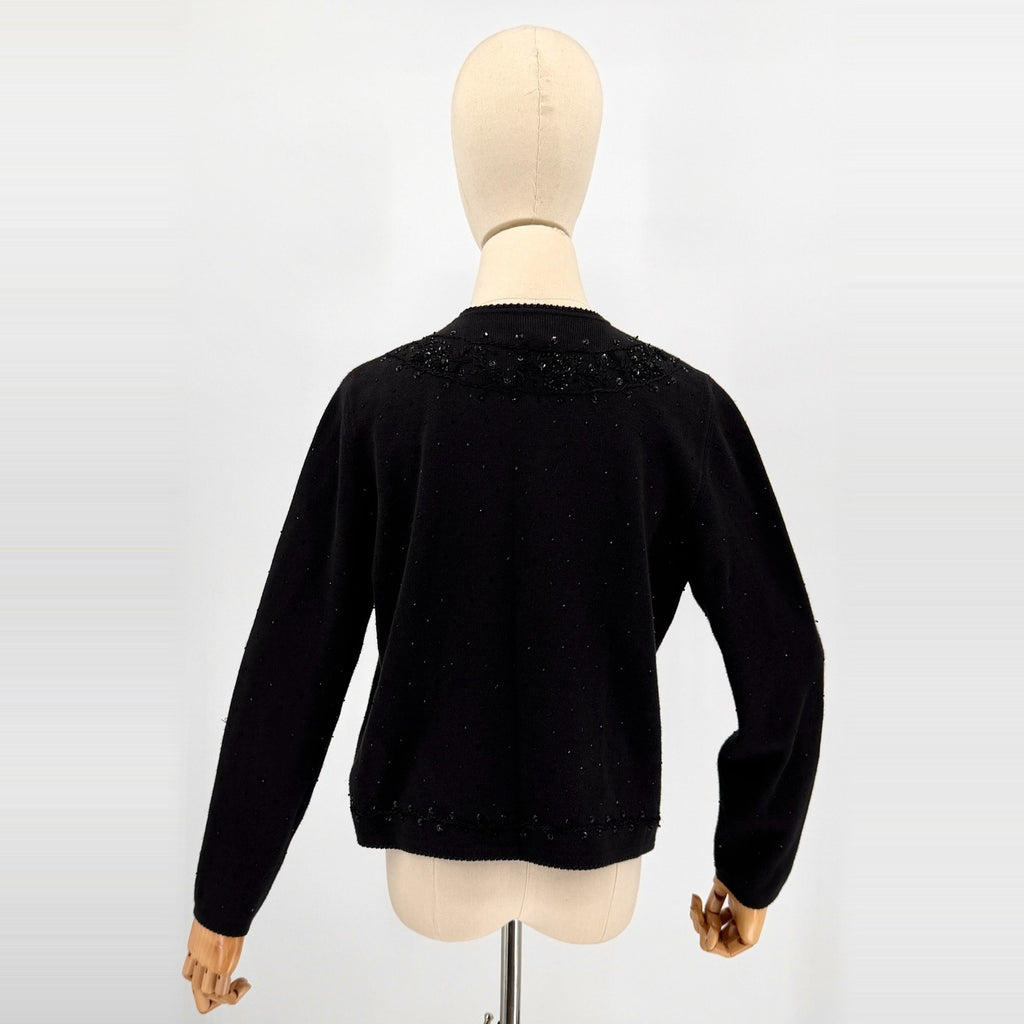 Vintage 90s Black 100% Cotton Beaded Sequin Cardigan