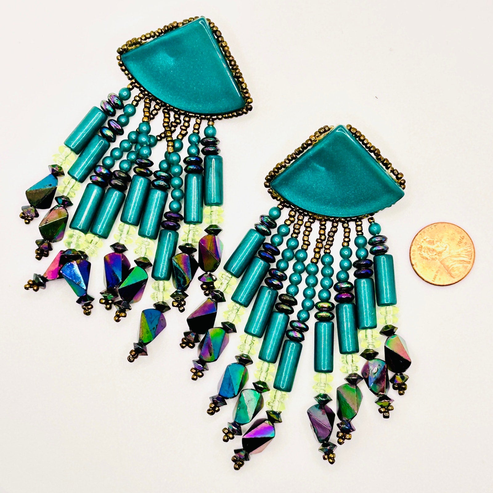 Vintage 80s Handmade Teal Turquoise Beaded Fringe Statement Earrings