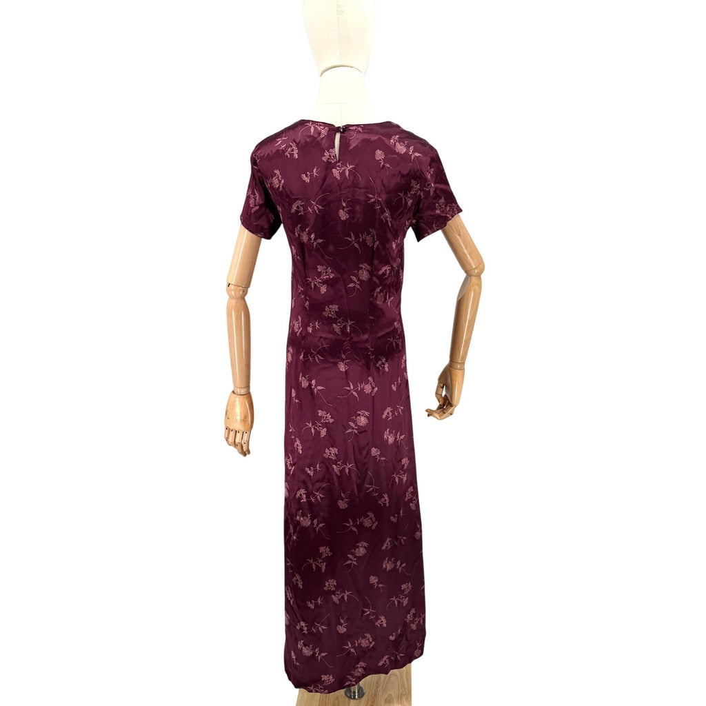 Vintage 90s GAP Burgundy Floral Satin Jacquard Cheongsam Slip Dress