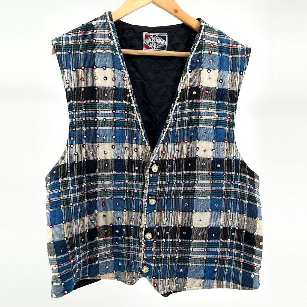 Vintage 90s South Central Blue Plaid Jeweled Pearl Embellished Flannel Vest