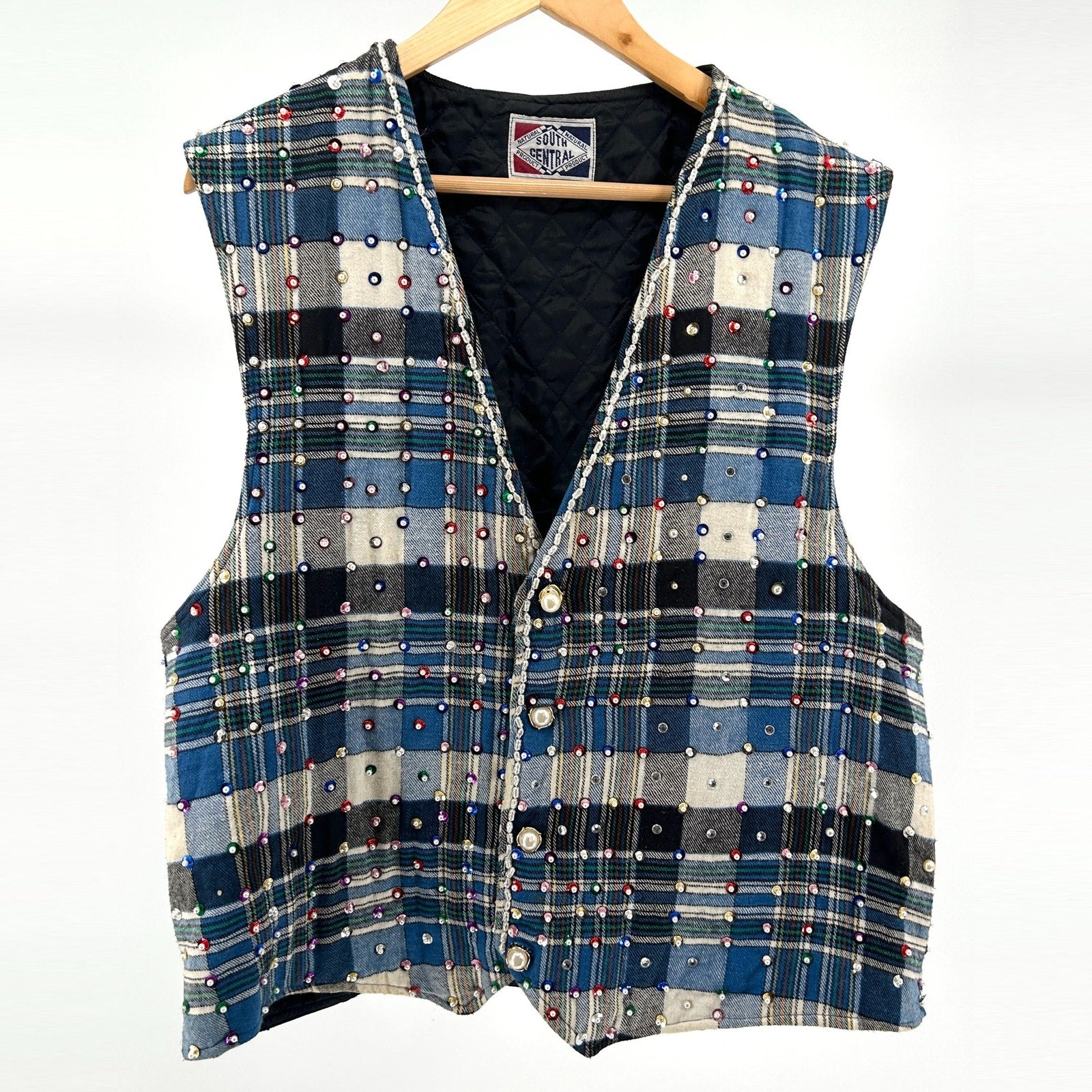 Vintage 90s South Central Blue Plaid Jeweled Pearl Embellished Flannel Vest