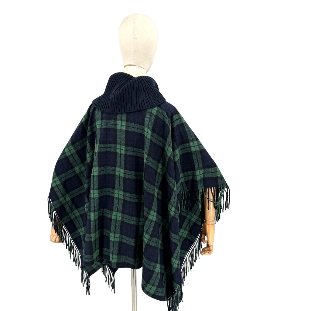Talbots Navy Green Black Watch Plaid Fringe Turtleneck Poncho