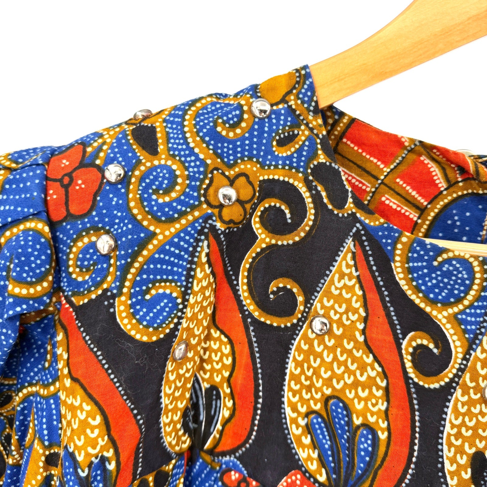 Vintage Y2K Handmade Blue 100% Cotton Afrobohemian Studded Top Midi Skirt Set