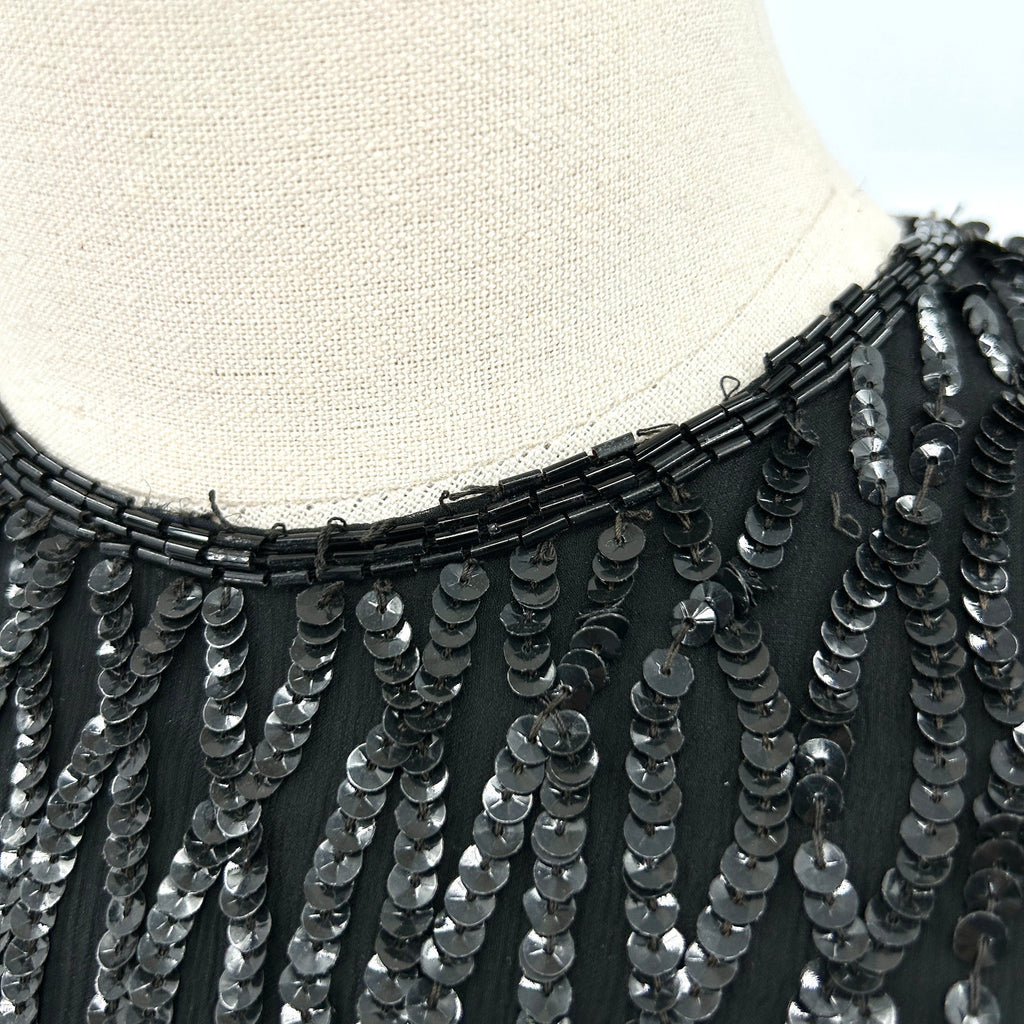Vintage 80s Stenay Black Beaded Sequin Shoulder Pad Cocktail Dress