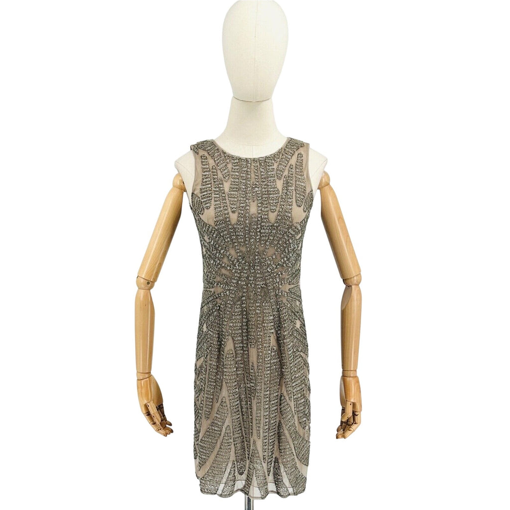Vintage Y2K Farah Khan Beige Silver Beaded Sequin Bodycon Cocktail Dress