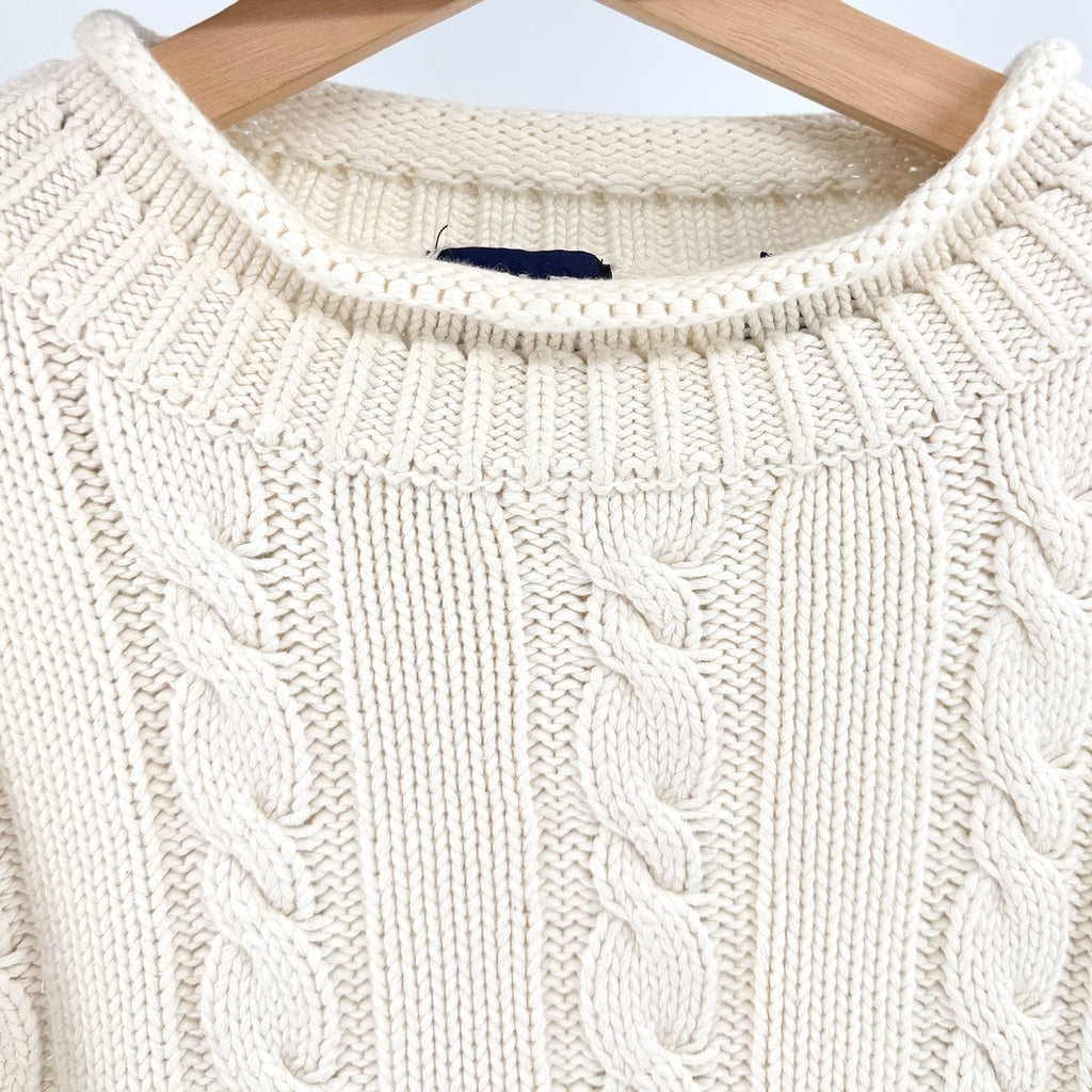 Vintage 90s Gap White Made in UK 100% Cotton Roll Top Cable Knit Sweater