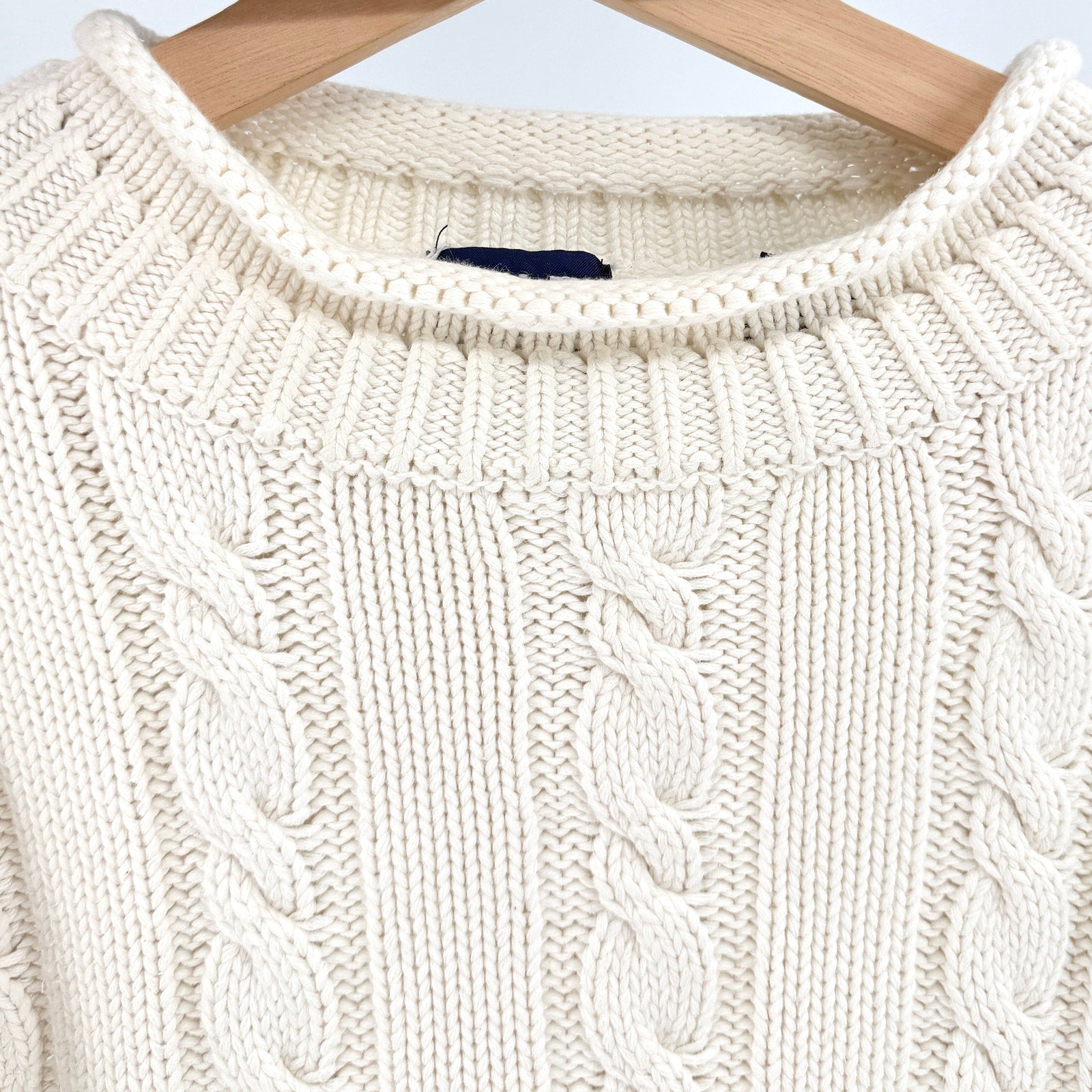 Vintage 90s Gap White Made in UK 100% Cotton Roll Top Cable Knit Sweater