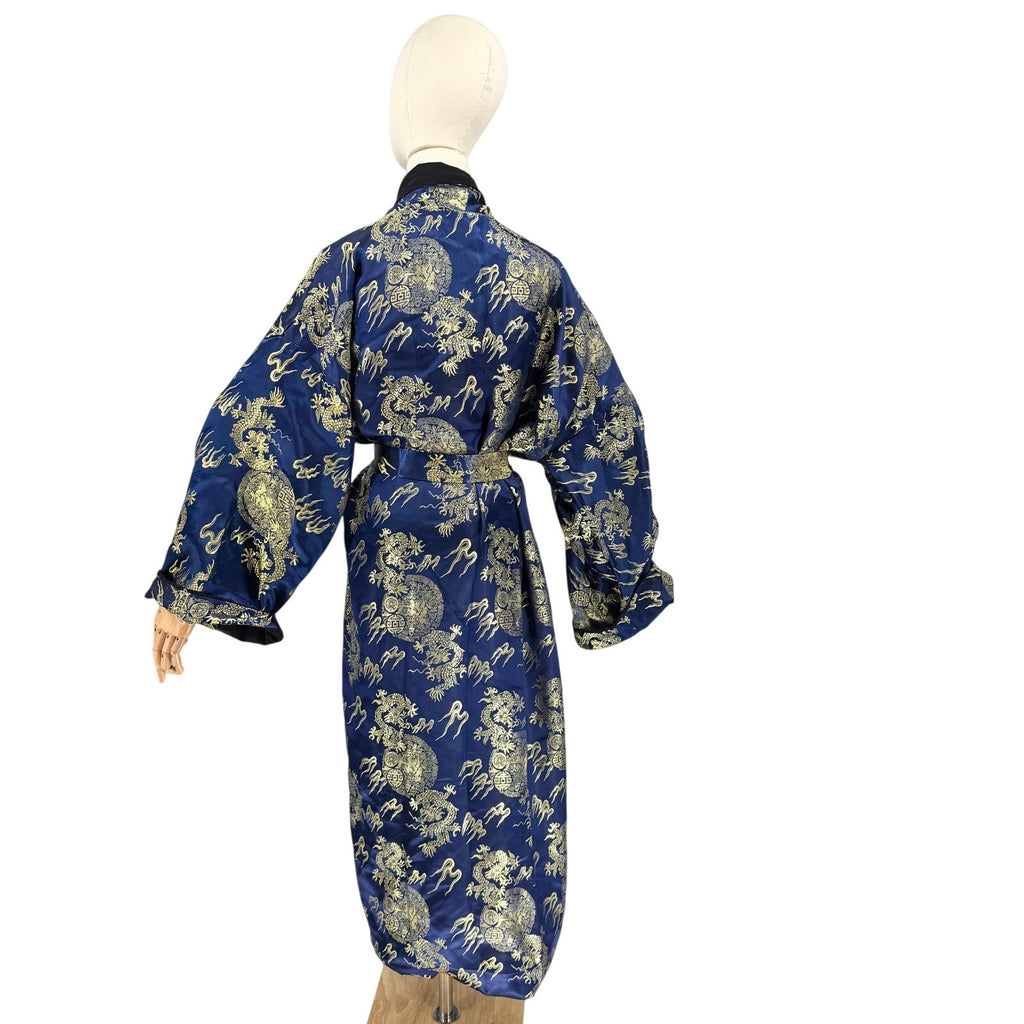 Vintage 90s Blue Gold Reversible Embroidered Black Dragon Kimono Robe