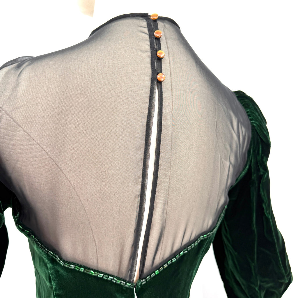 Vintage 80s Blanca Rubiera Original Green Velvet Sheer Mesh Formal Dress