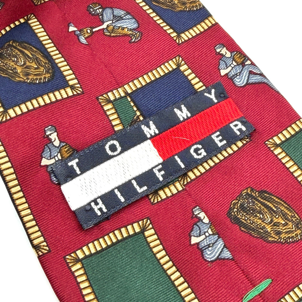 Vintage 90s Tommy Hilfiger Red 100% Silk Baseball Motif Preppy Novelty Tie