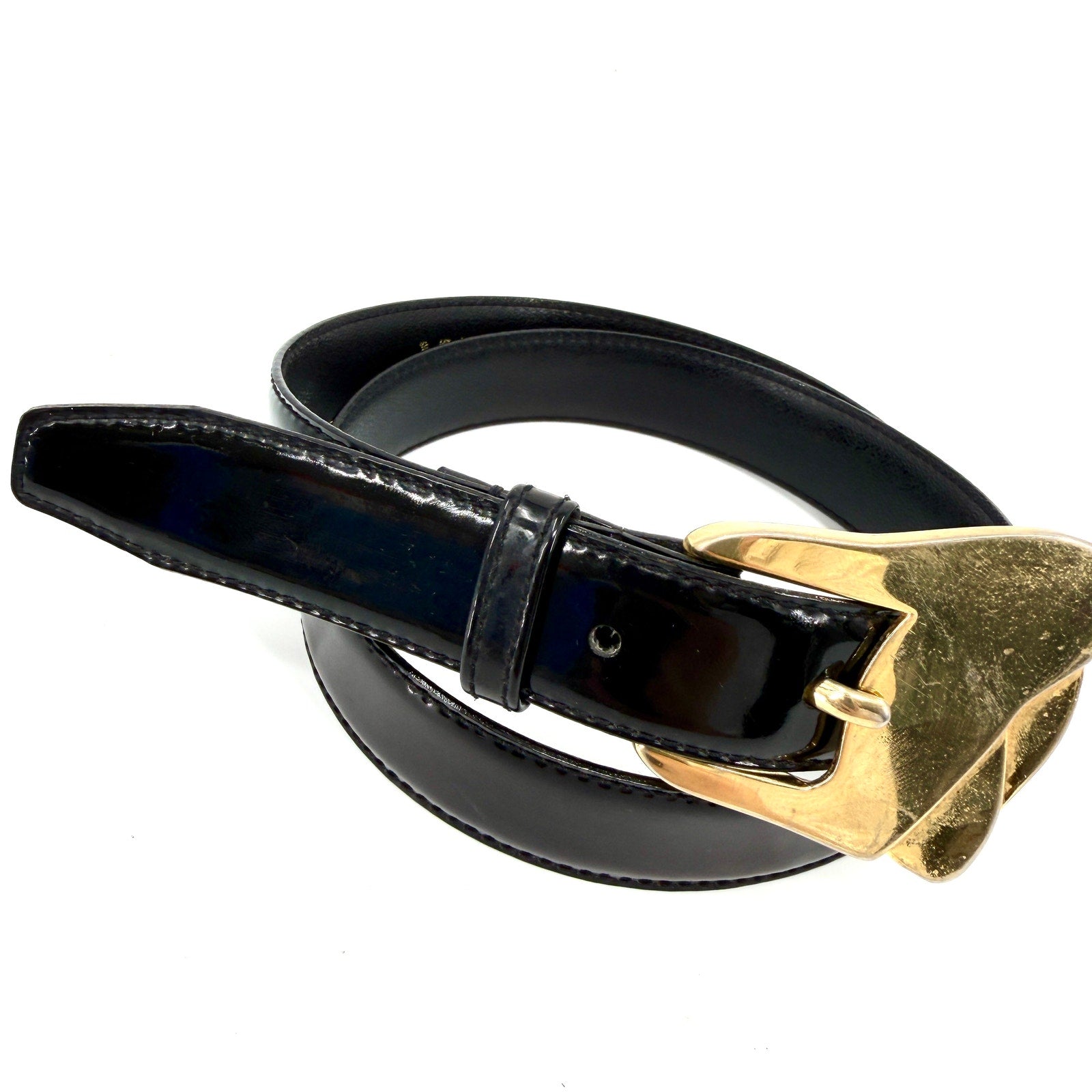 Vintage 90s Magid Black Patent Leather Statement Buckle Belt