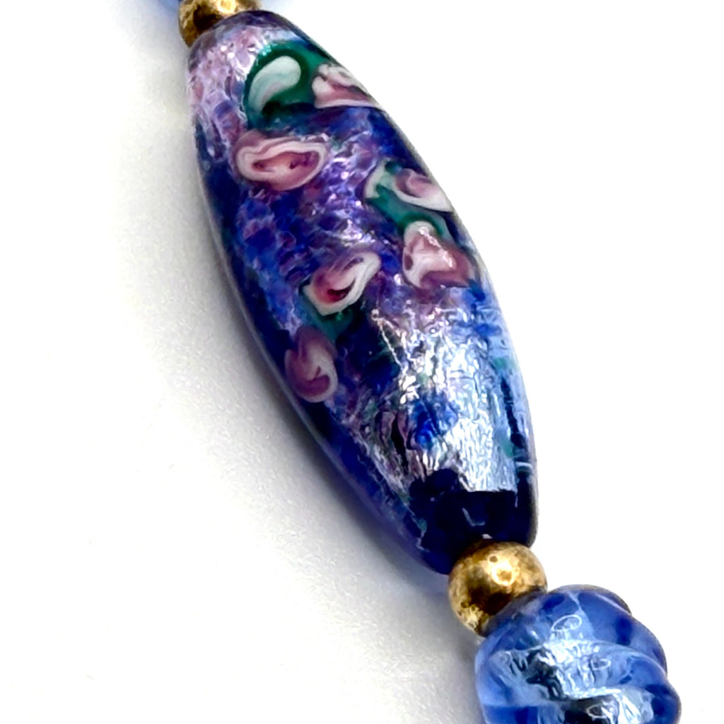 Vintage 90s Blue Glass Lampwork Floral Hand Blown Necklace